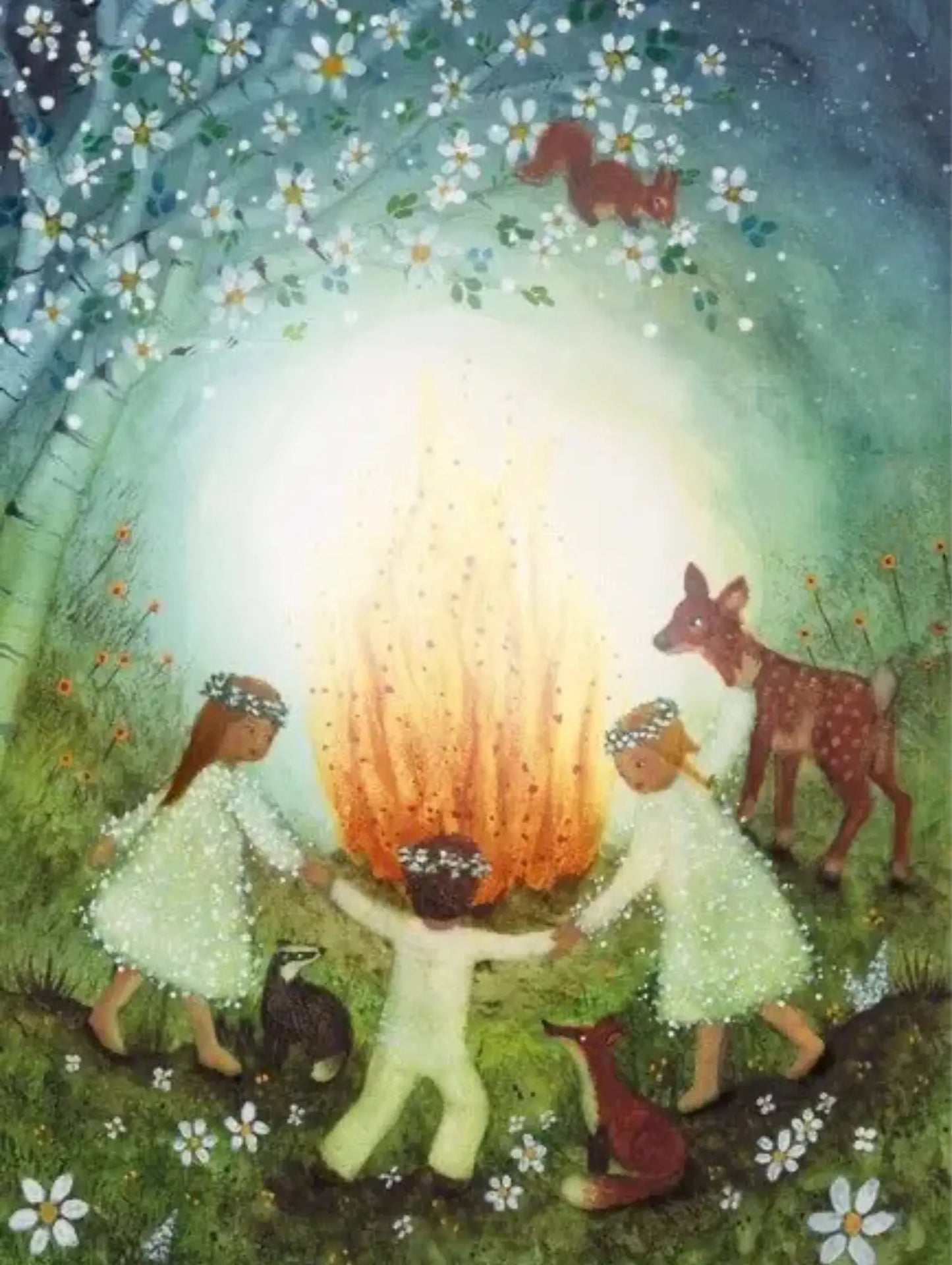 Children and animals around a glowing midsummer bonfire in a magical forest setting