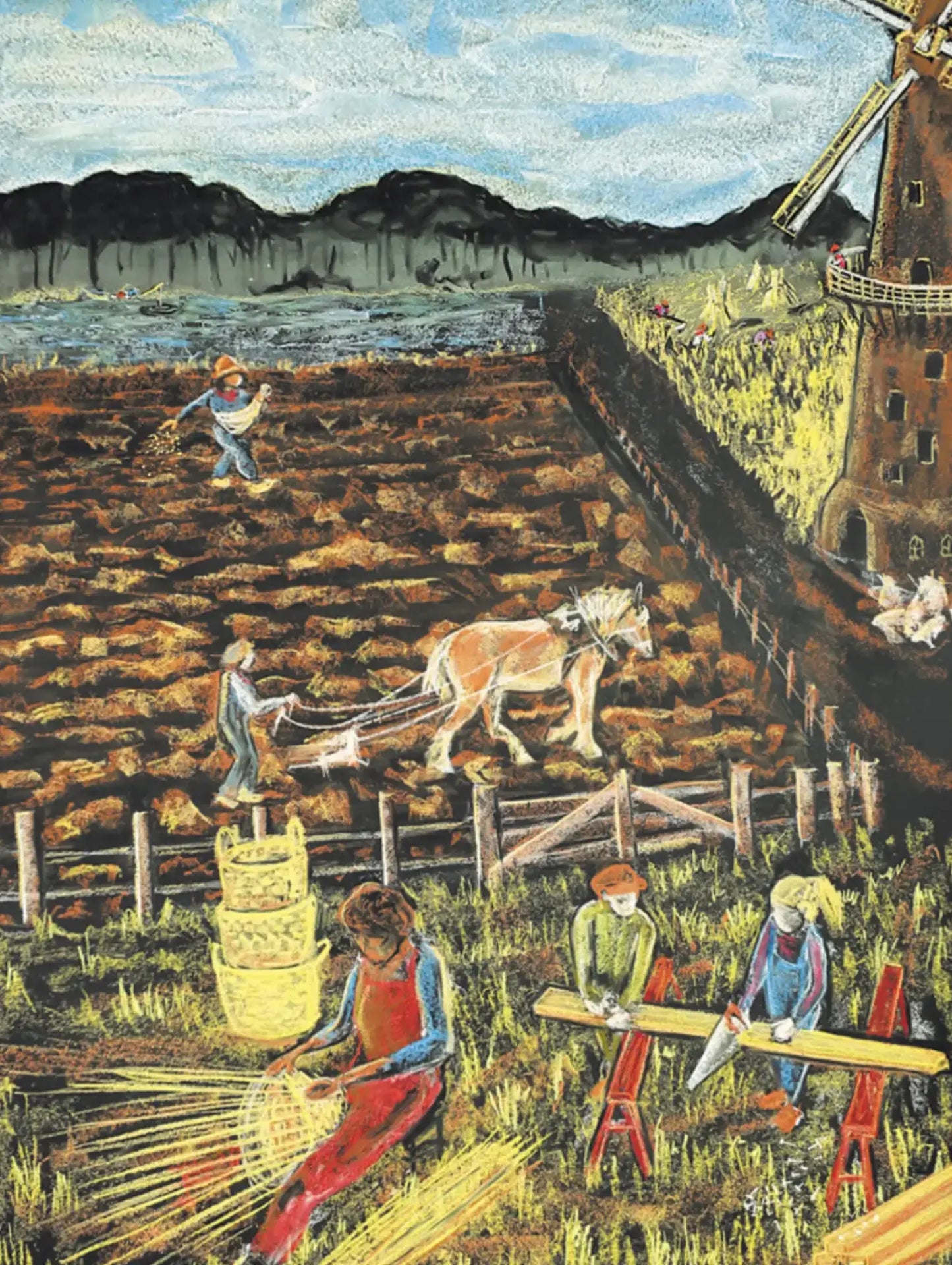 Kapitein Kalk postcard of people working in a field with a windmill in the background