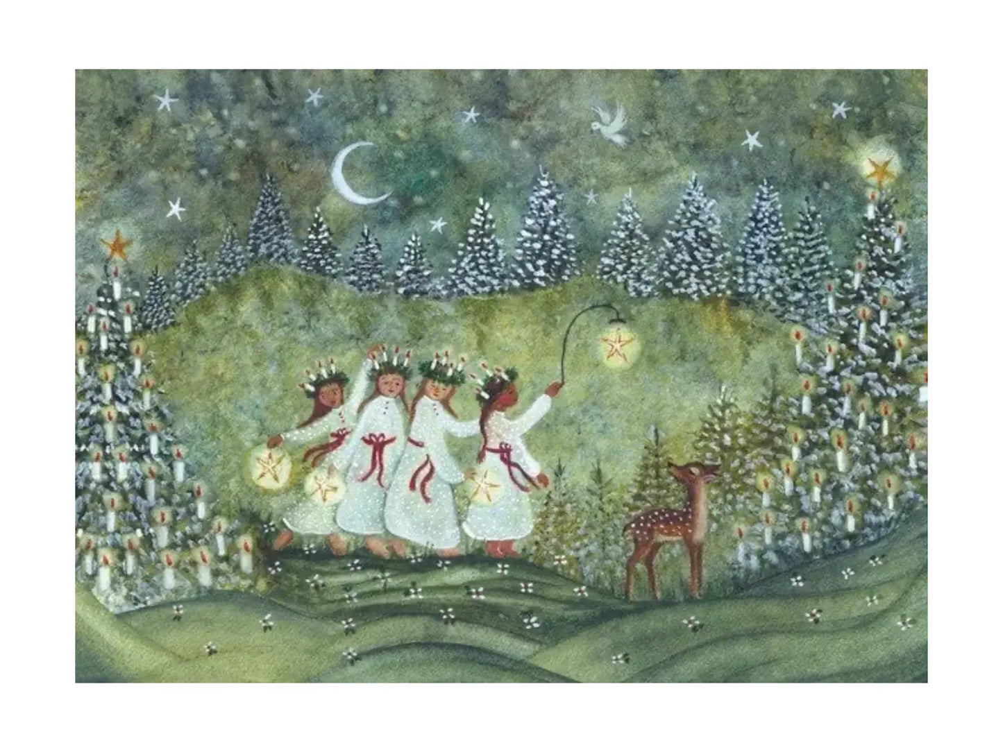 Folk art illustration of four girls in white Saint Lucy dresses with red ribbons, a deer, and candles in a forest setting.