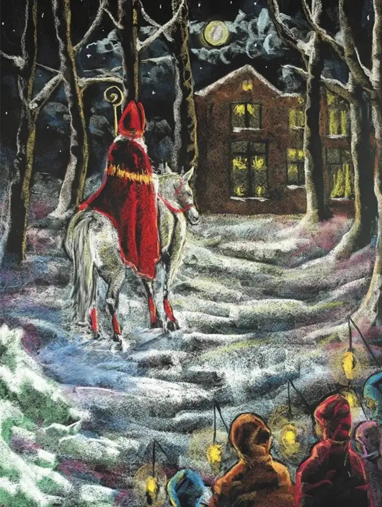 Painting of a hooded figure on a horse in a snowy landscape with a house in the background.
