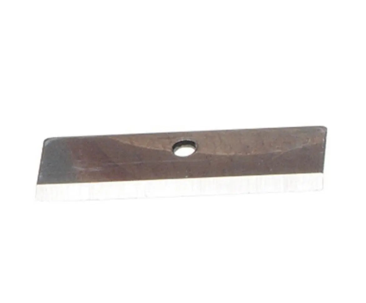 Metal replacement blade for hand held sharpener with a central hole on a white background