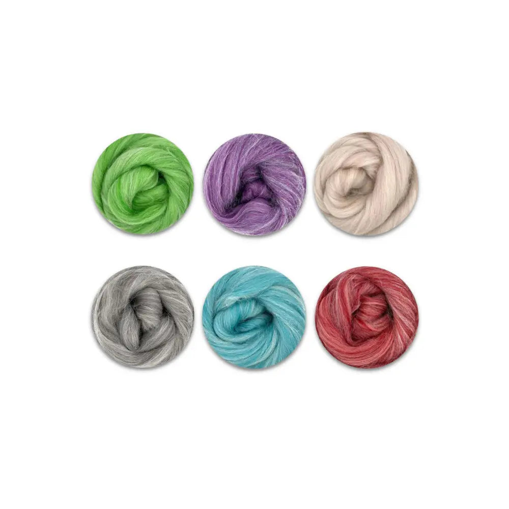 Alpaca and merino wool top fiber color swatches for spinning and felting on white background