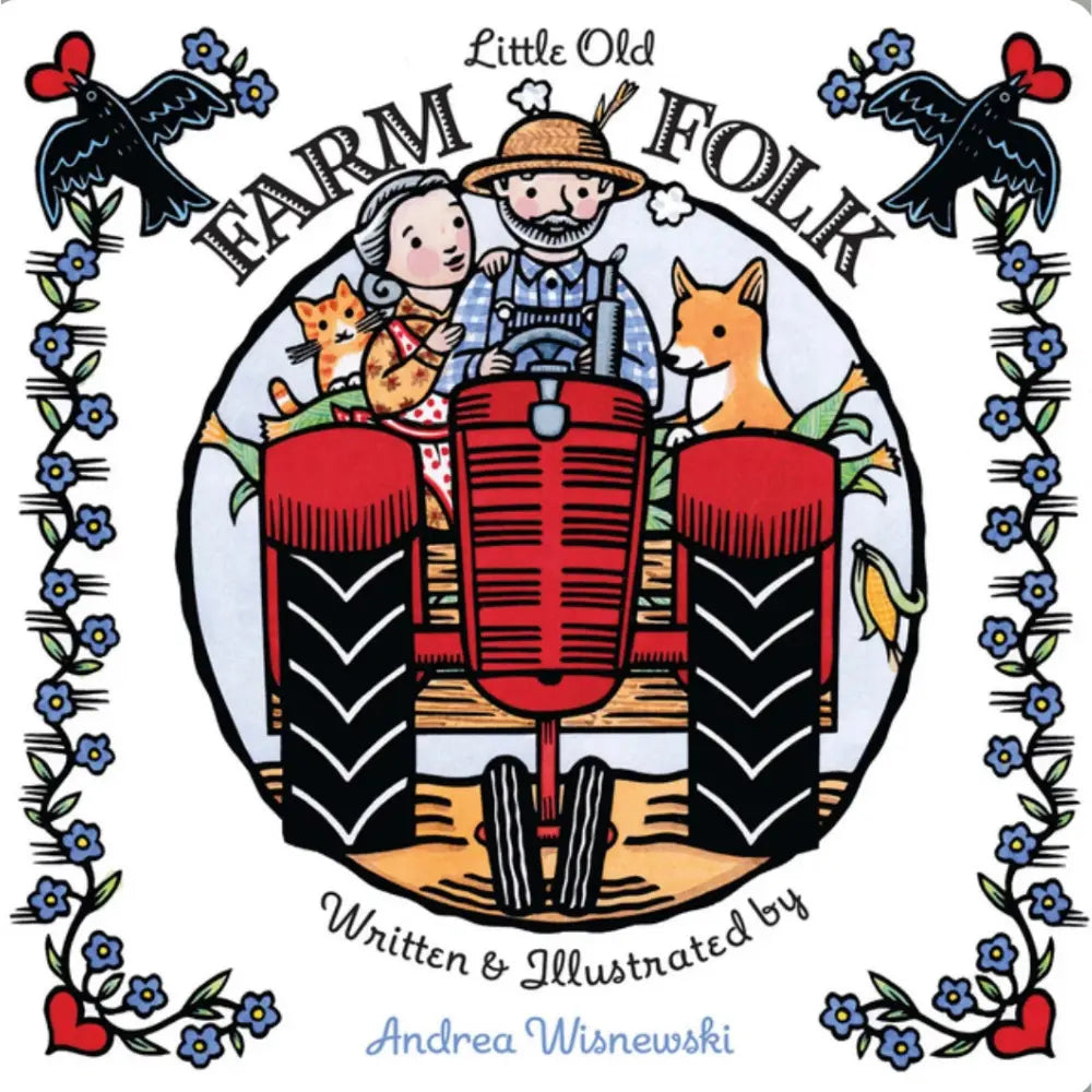 Book cover of 'Little Old Farm Folk' with a couple on a tractor and farm animals, framed by decorative elements.