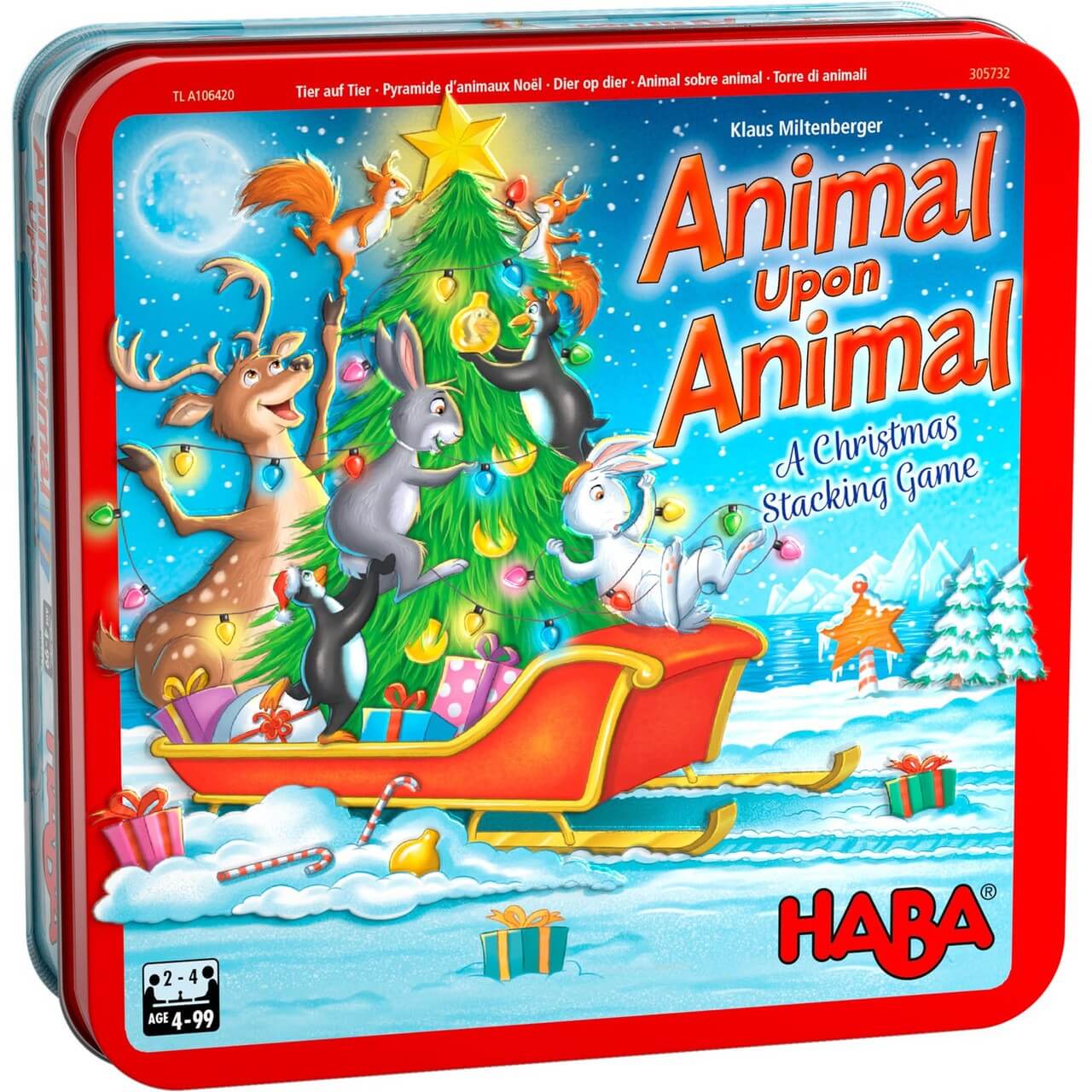HABA 'Animal Upon Animal' Christmas stacking game packaging with festive design