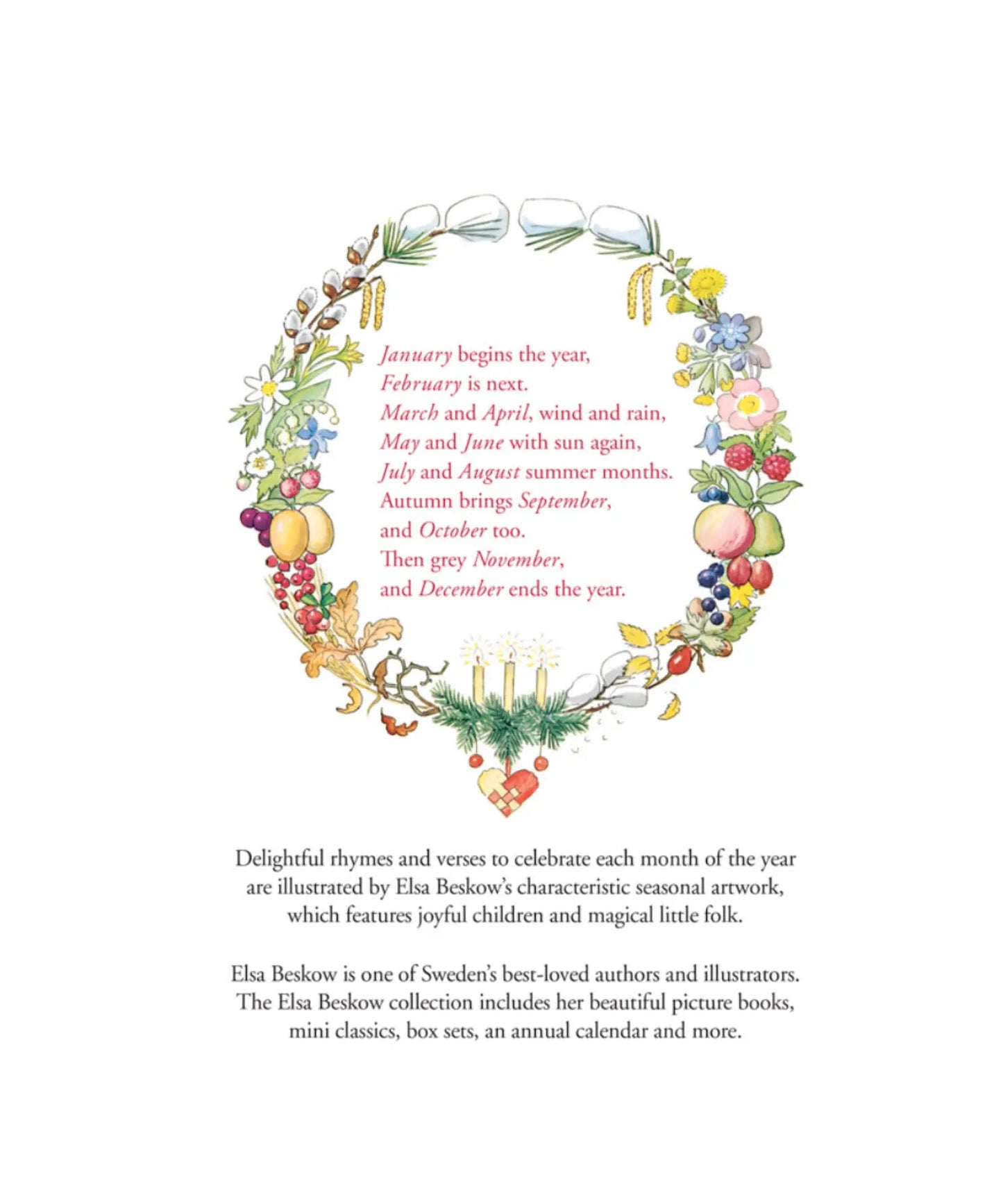 Decorative wreath with seasonal text and illustrations on a white background