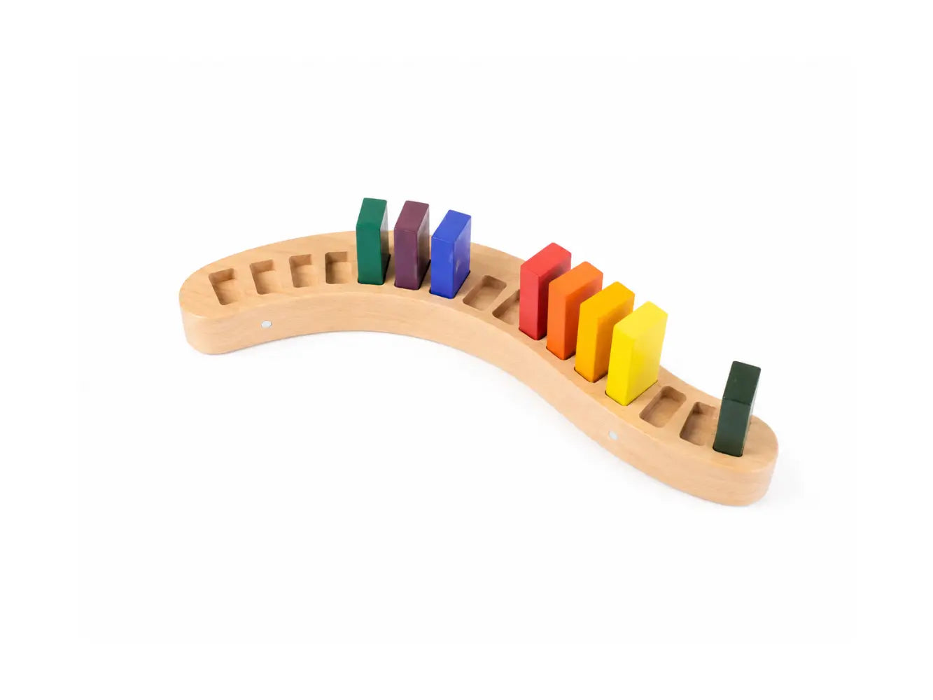 Wooden block crayon holder on a white background with block crayons