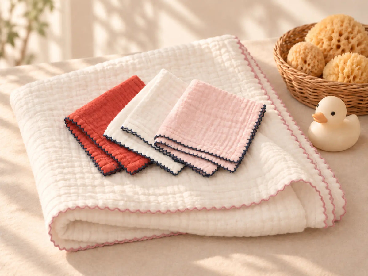 Babette baby bath gift set with three cotton washcloths and thick plush white wrap with rose pink trim