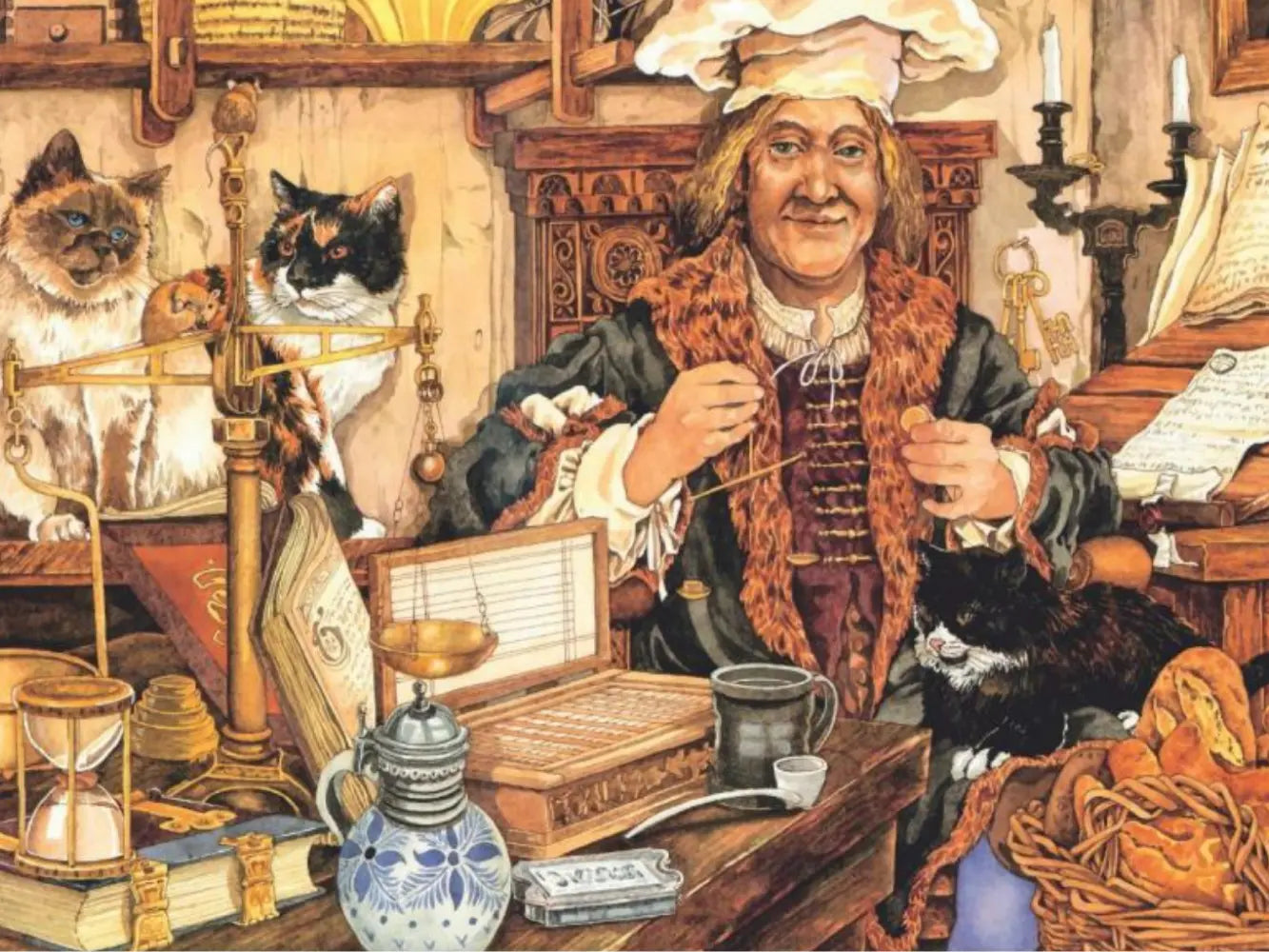 Illustration of a baker in a kitchen with cats and cooking utensils