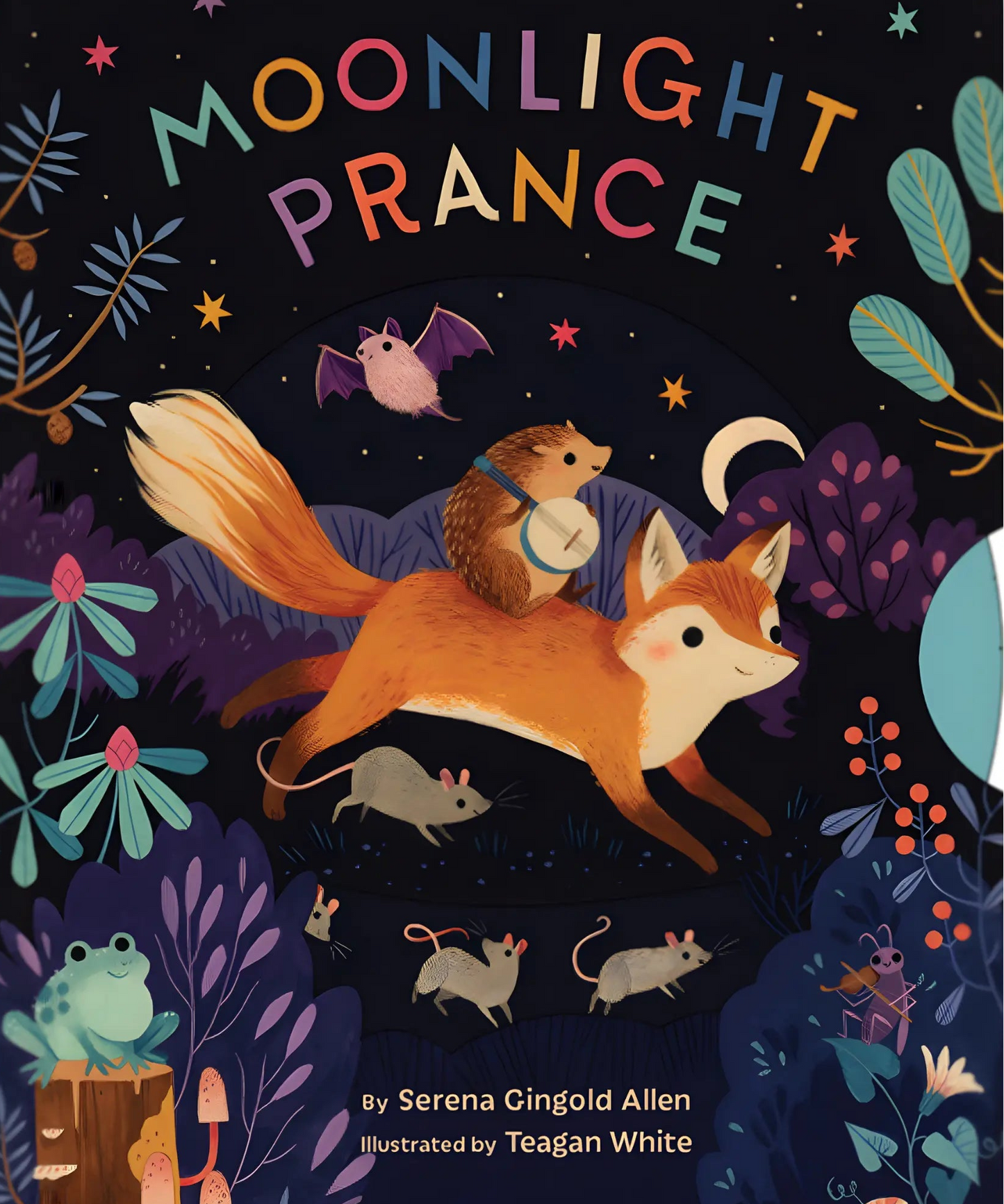 Book cover of 'Moonlight Prance' with fox, mouse, and bat illustrations on a dark background.