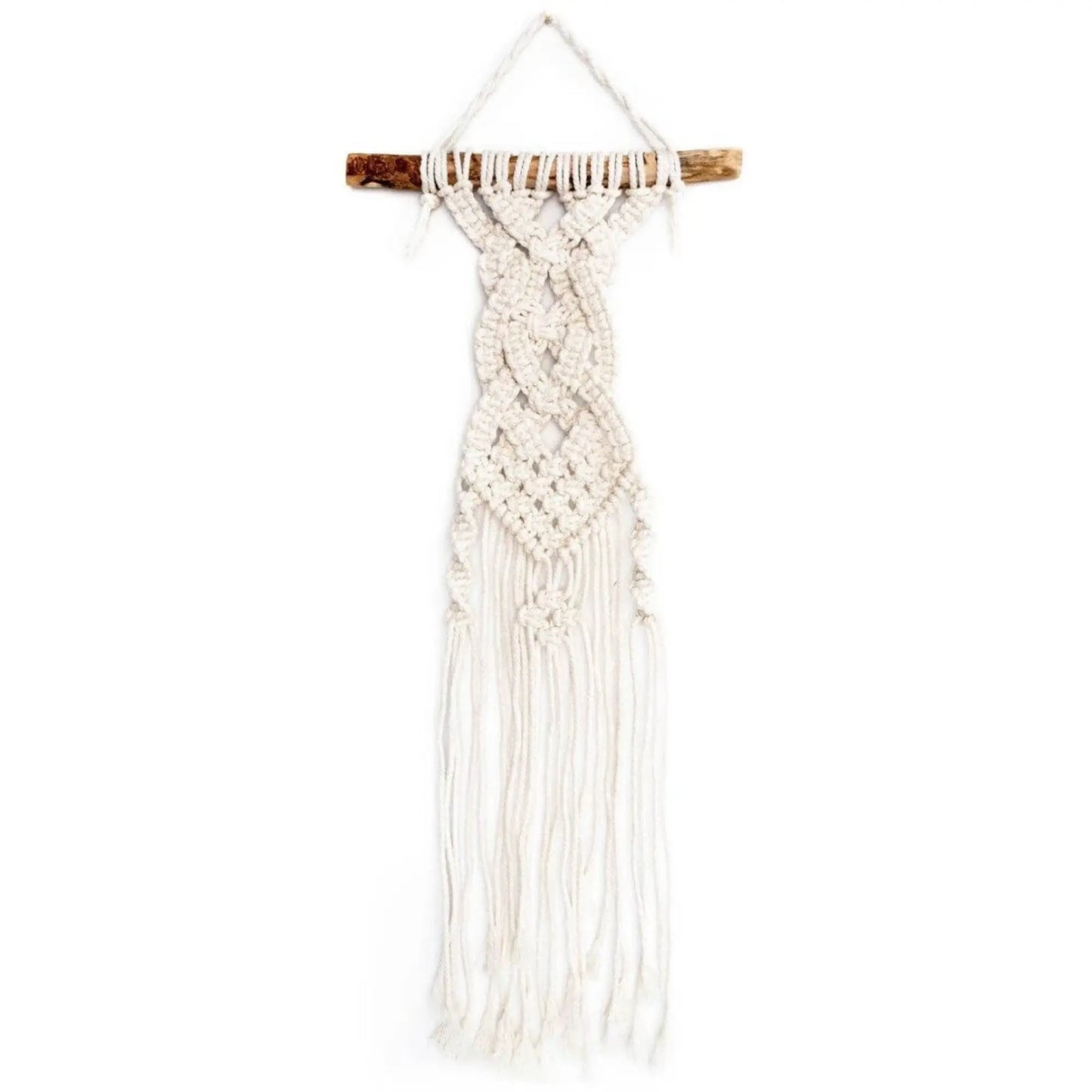 Macrame wall hanging with wooden frame on a white background