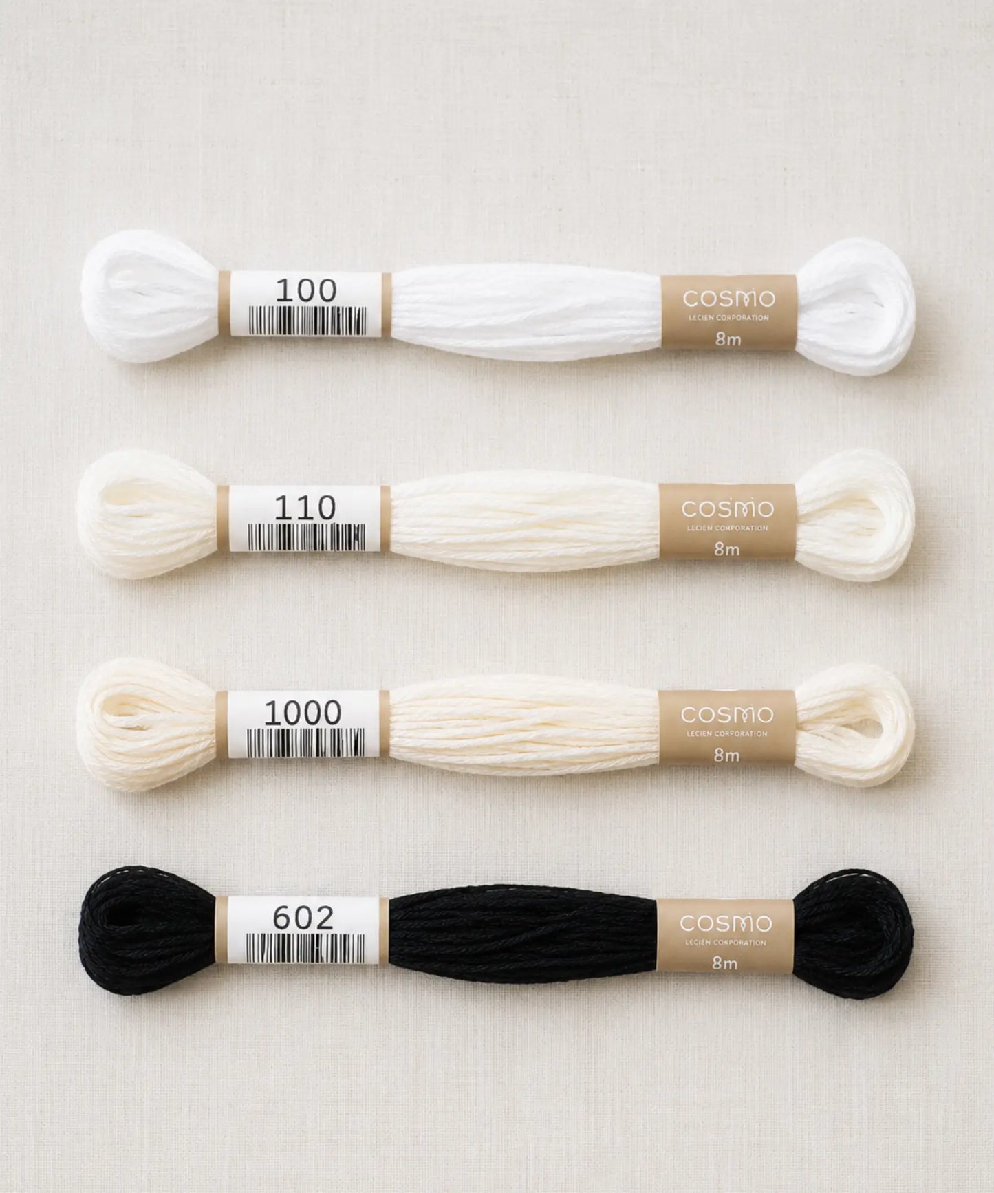 Black and white cotton embroidery floss and 'Cosmo' branding