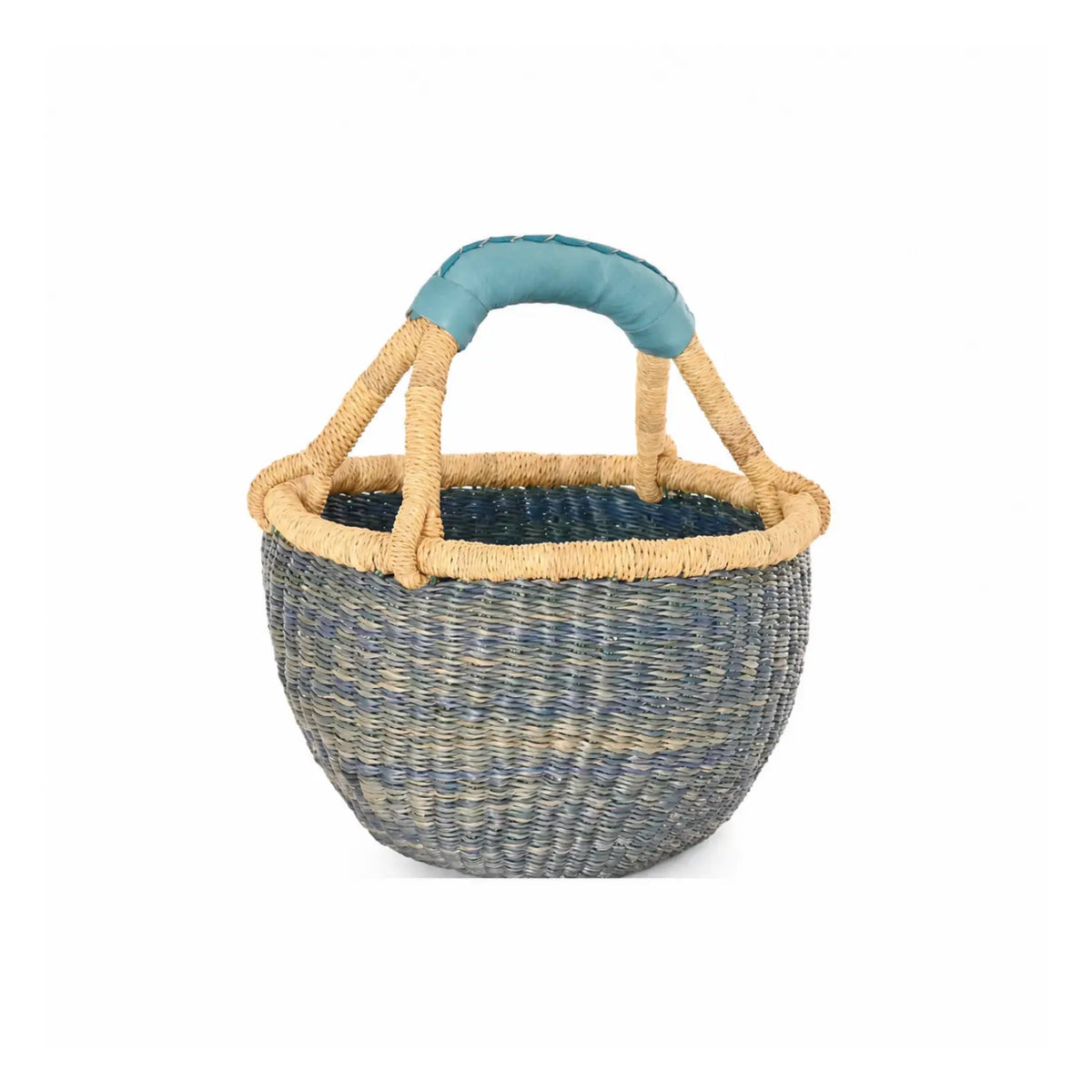 Blue handwoven children's Bolga basket with a blue wrapped handle on a white background.