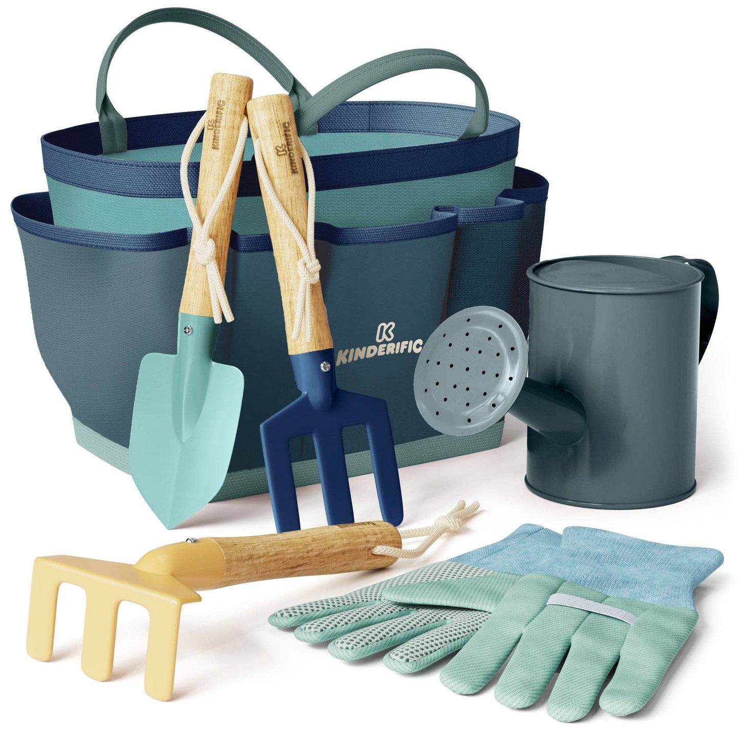 Gardening tool set with a tote, shovels, rake, gloves, and watering can on a white background.