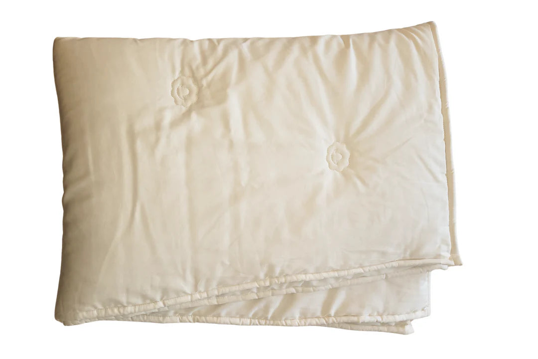 close up of the quilting and side seams on the Eco Wool and cotton toddler comforter