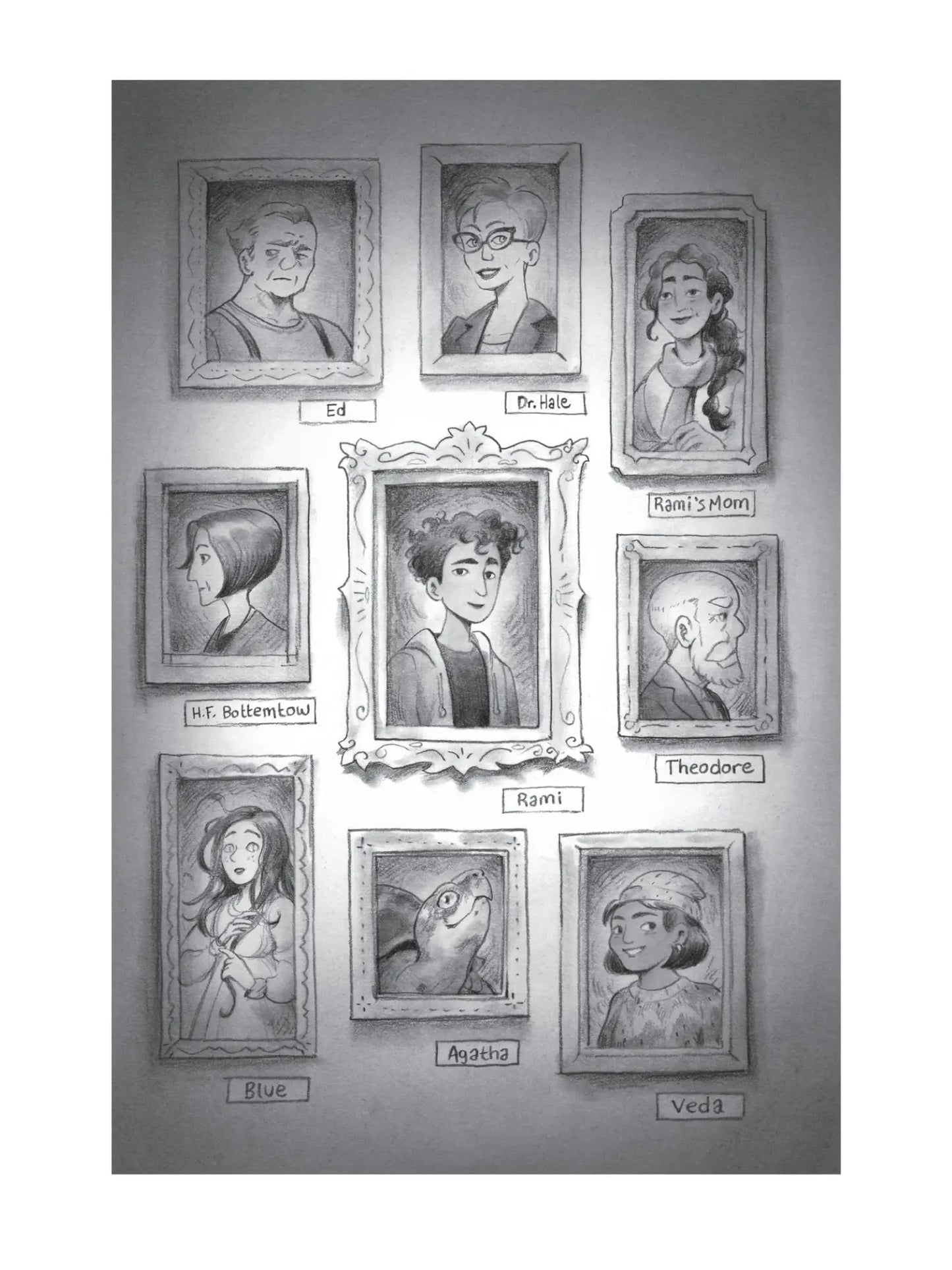 A Strange Thing Happened in Cherry Hall illustration of framed portraits on a wall