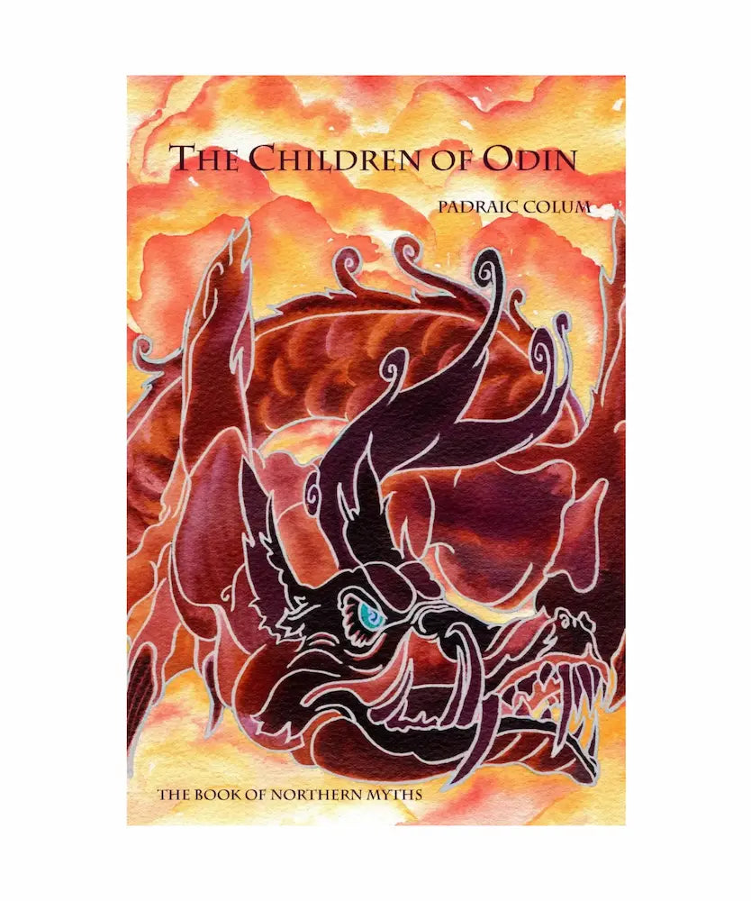 Book cover of 'The Children of Odin' with dragon illustration and fiery background