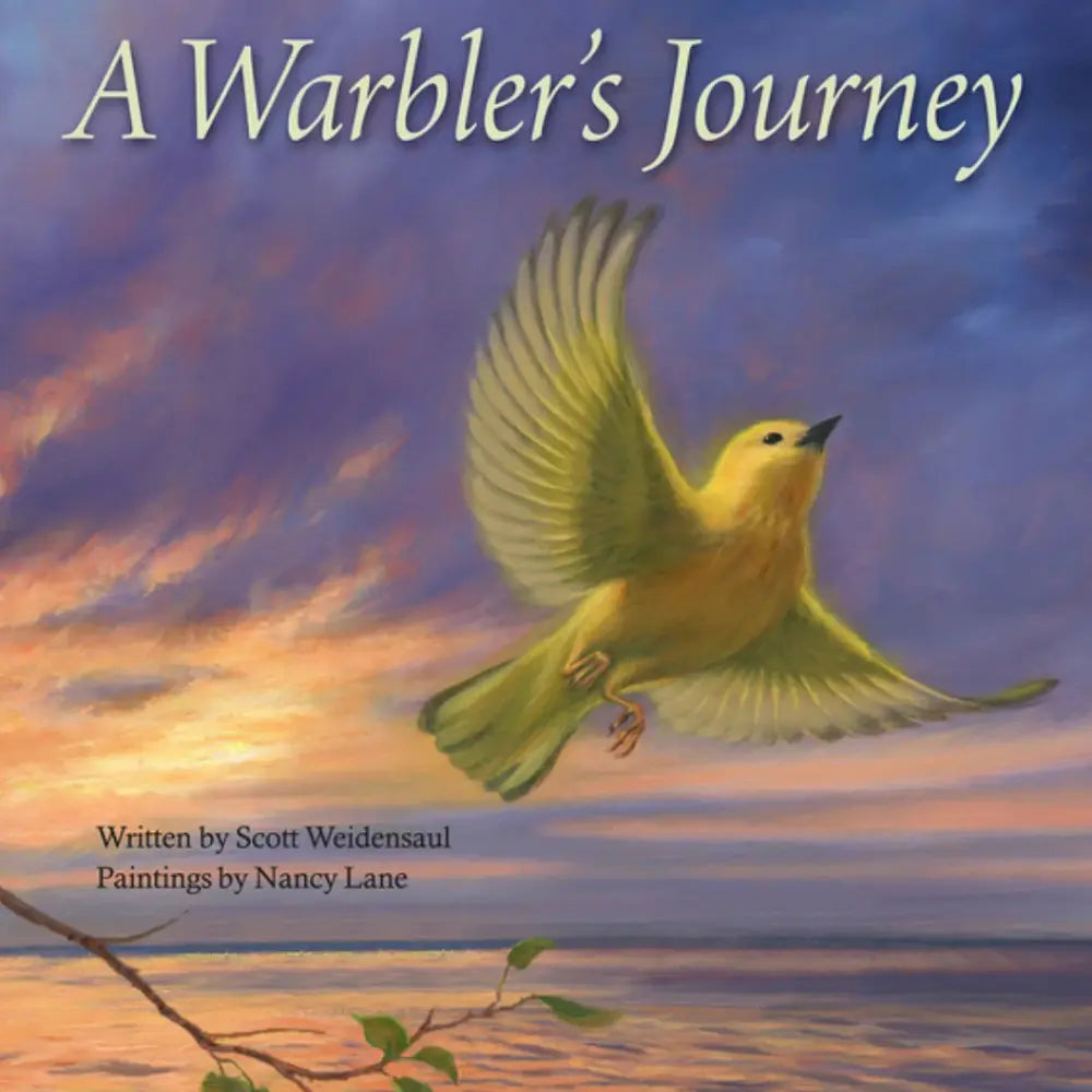 Book cover of 'A Warbler's Journey' with a warbler flying against a colorful sky.