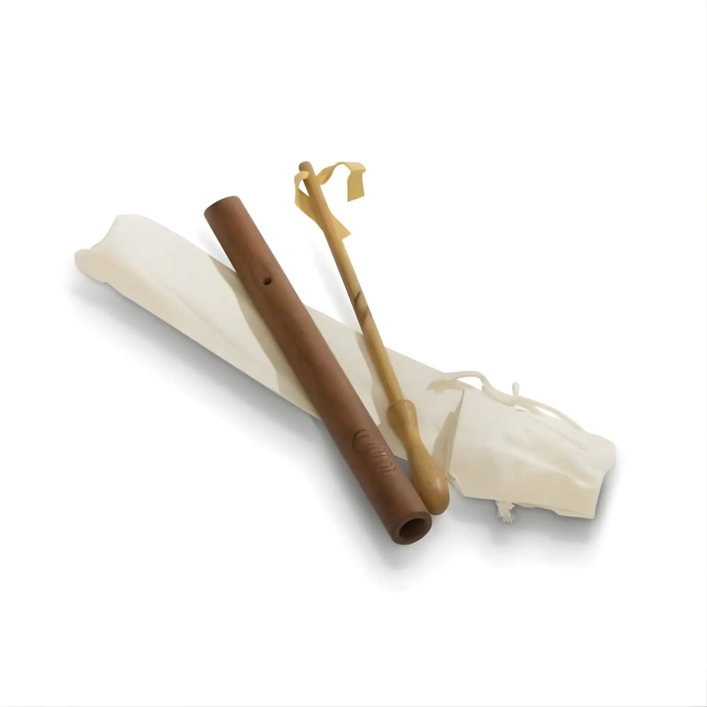 100% cotton flute bag, a Choroi flute, and wooden flute swab on white background