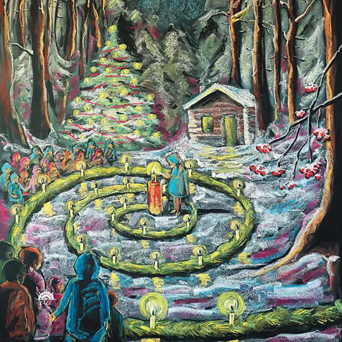 Christmas scene by Kapitein Kalk of a Winter Waldorf Spiral Walk with candles and children and evergreen spiral