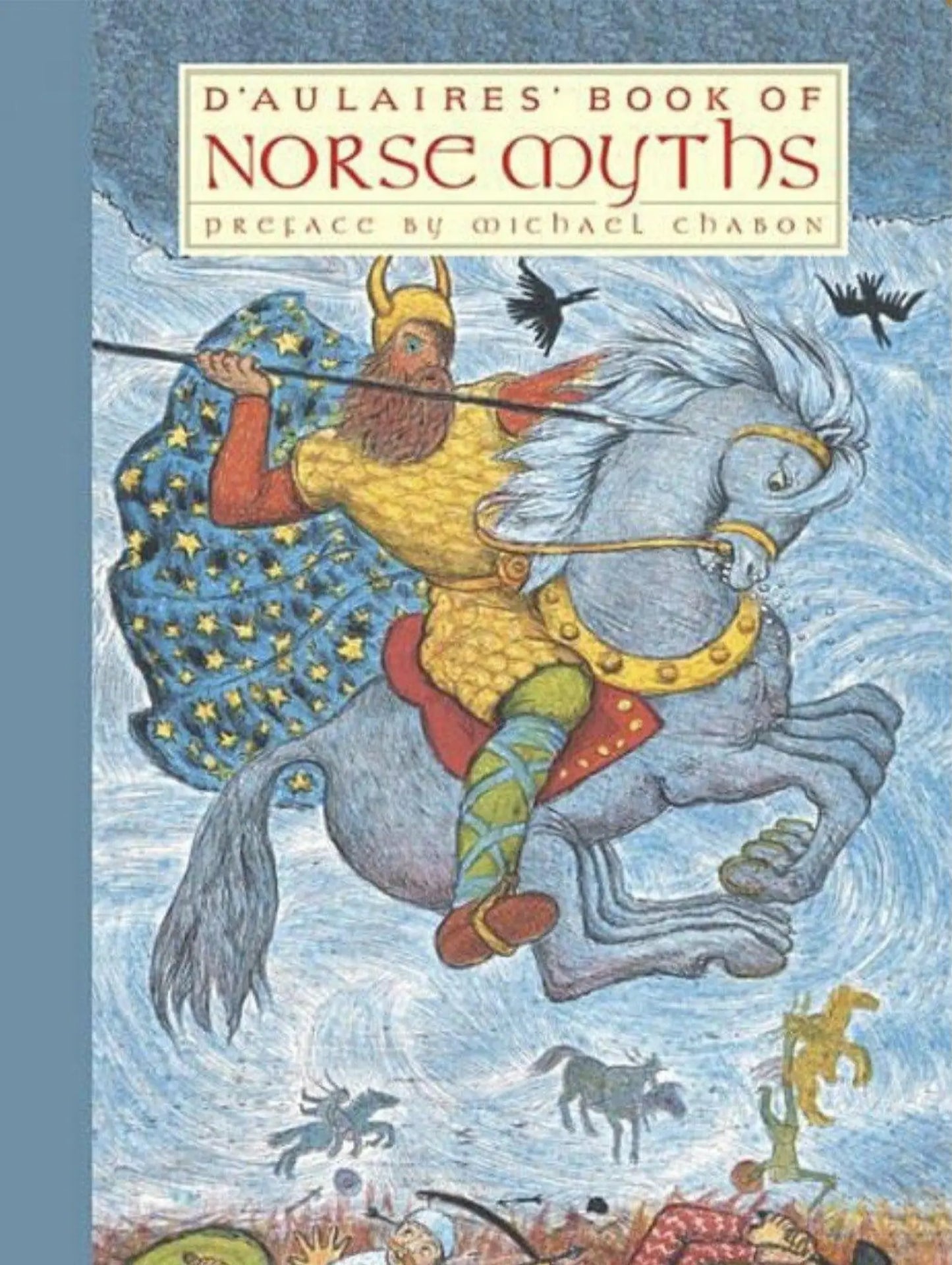 Book cover of 'D'Aulaires' Book of Norse Myths' with a illustration of a warrior on a horse.