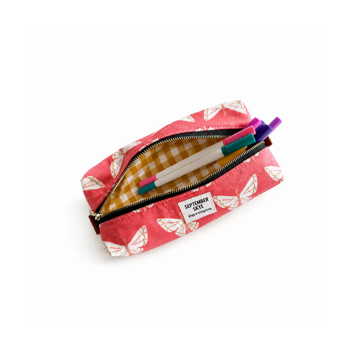 A coral and cream butterfly cotton pencil pouch open with markers on a white background