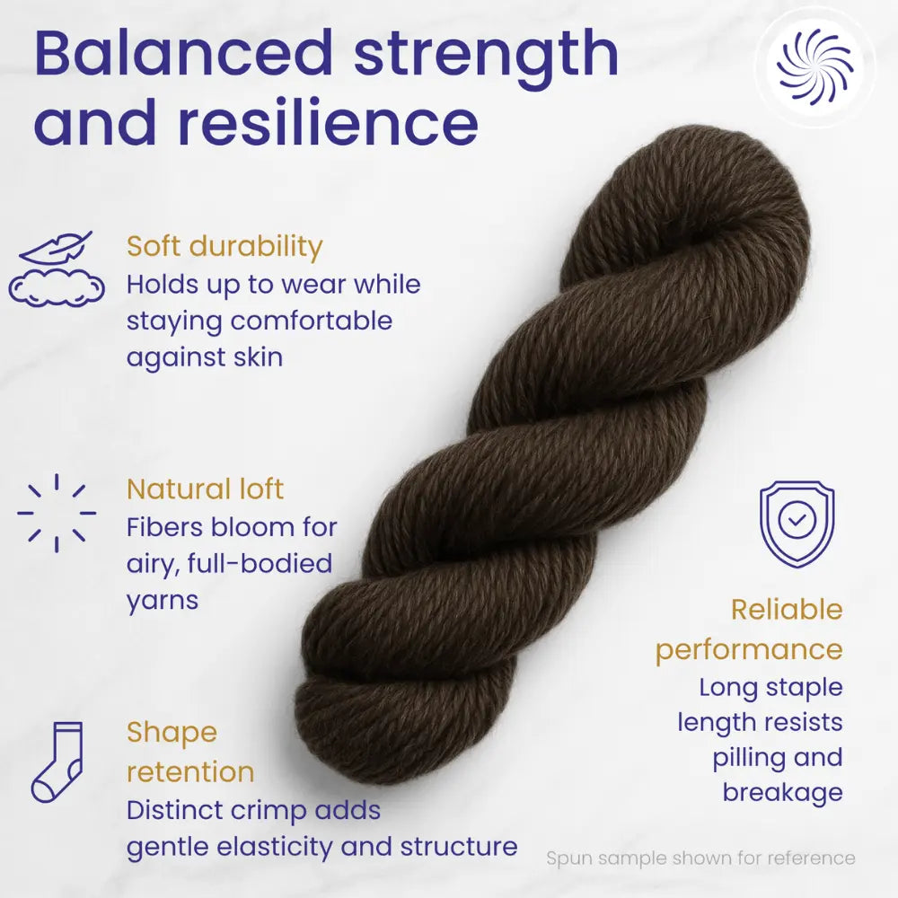 Brown yarn skein with text about yarn properties on a white background