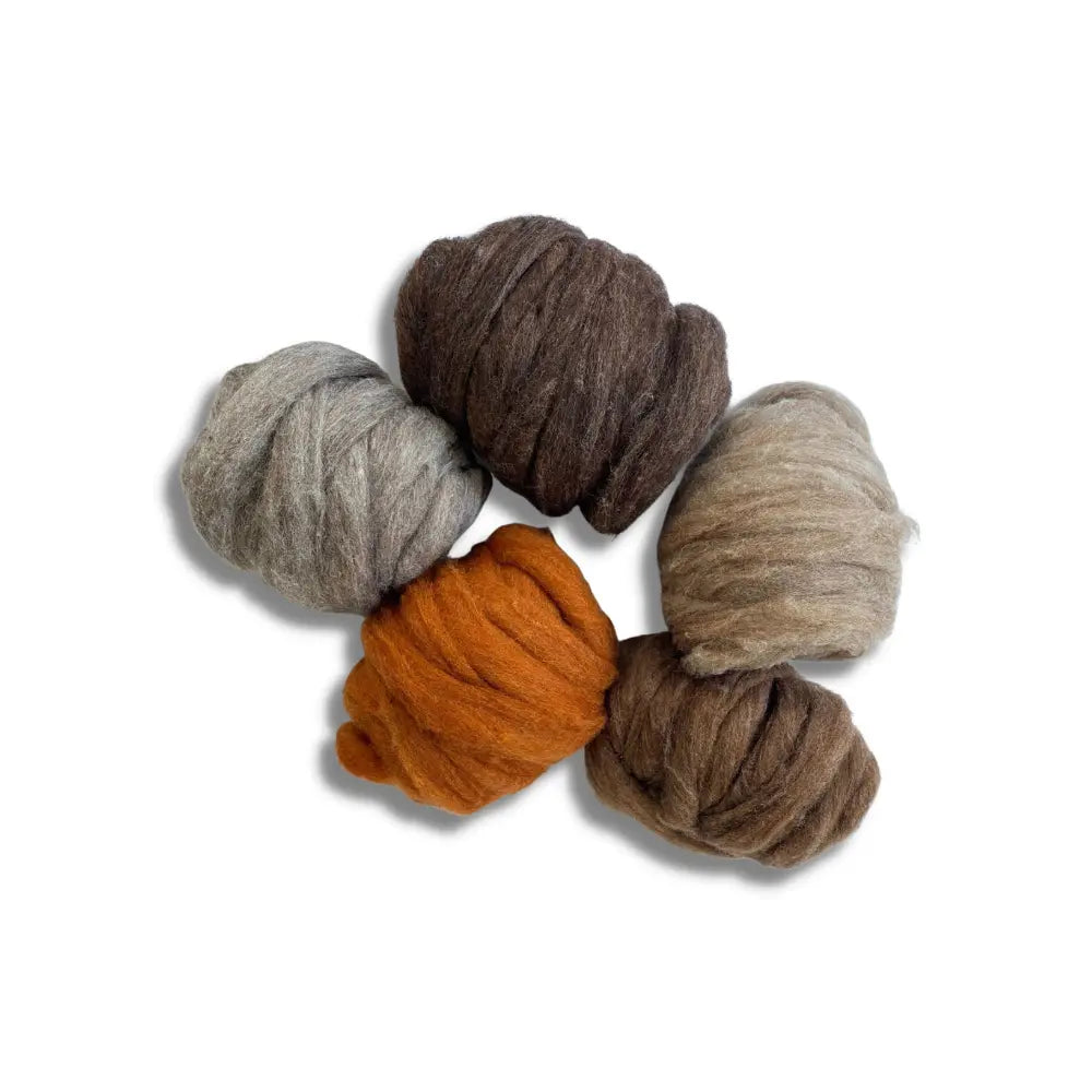 Set of brown and gray natural wool rovings slivers for needle felting on white background