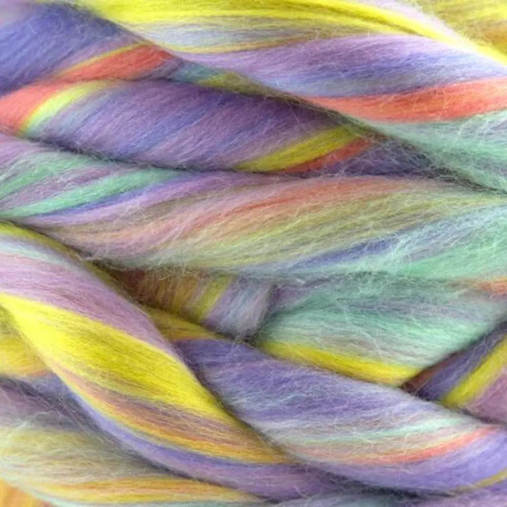 Close-up of multicolored merino wool top with purple, yellow, green, and red hues.