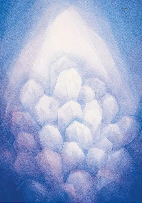 Crystals postcard by Marjan van Zeyl featuring glowing white crystals with a soft blue-violet back.