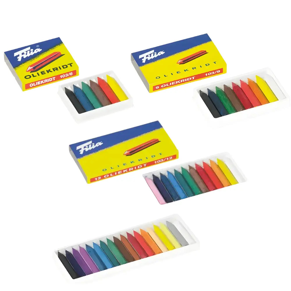 Four boxes of Fila colored crayons on a white background
