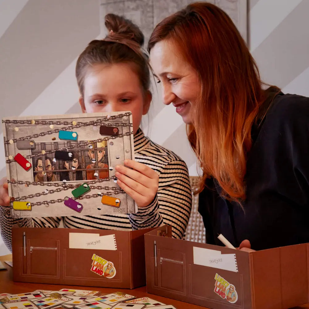 Woman and child playing a deduction mystery game together