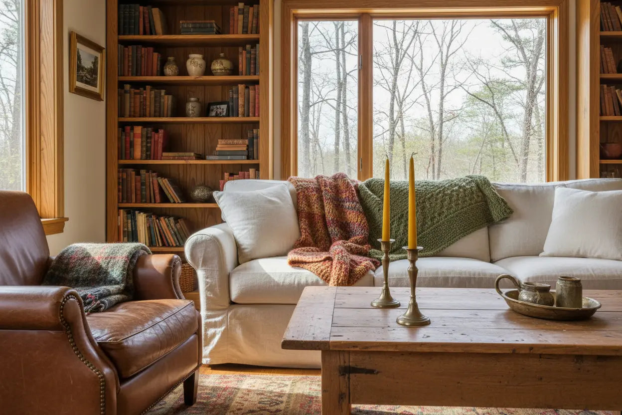 Cozy living room with a white sofa, brown armchair, and wooden coffee table.