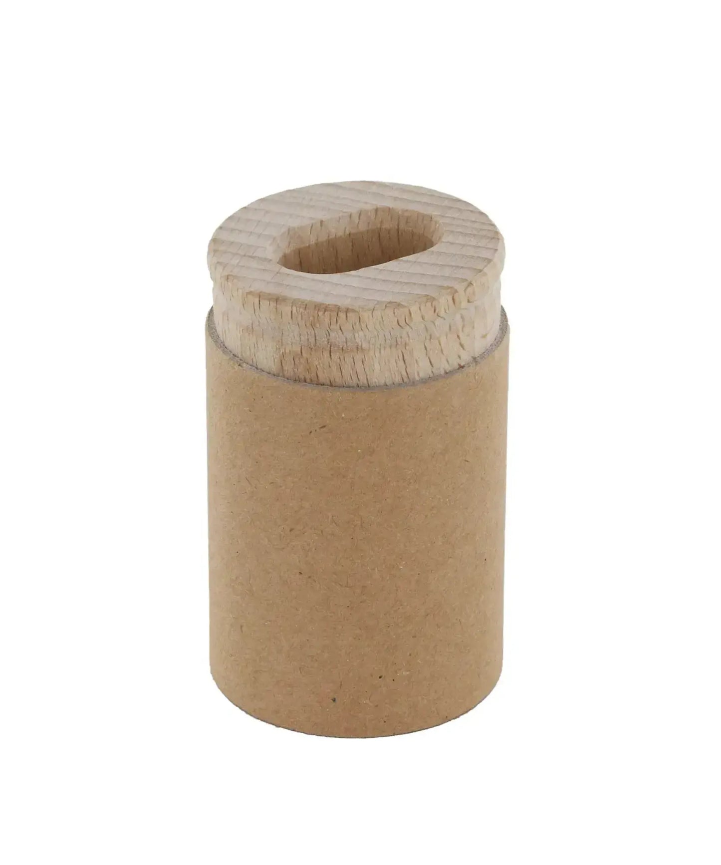 Cardboard dual pencil sharpener with wooden insert and two holes