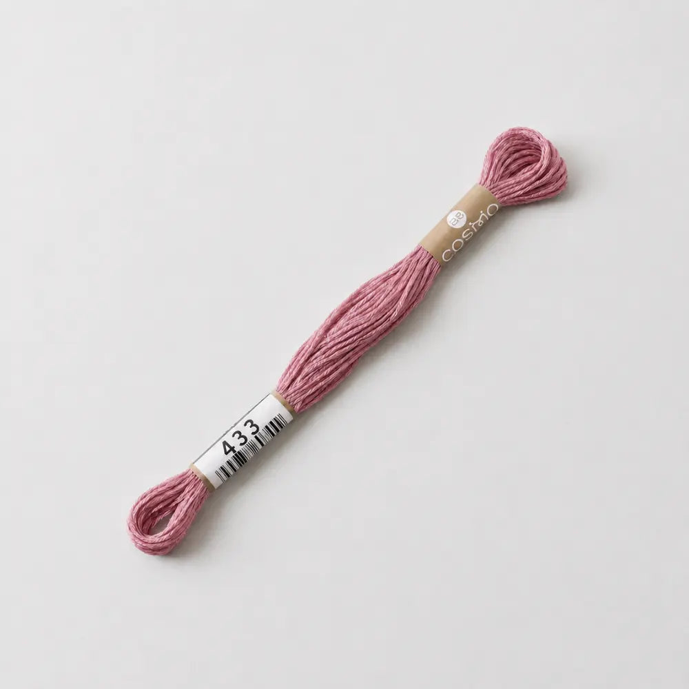 Pink embroidery floss on a cardboard holder with a label on a light gray background