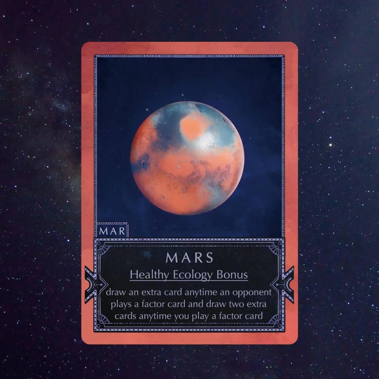 Mars celestial body card from Ecologies Solar System astrobiology and astronomy strategy game