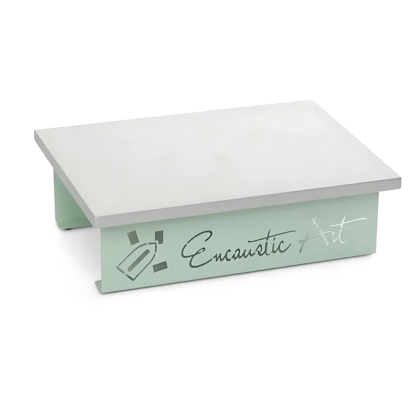 Encaustic art hot plate with metallic top and mint green sides with Encaustic Art on the side
