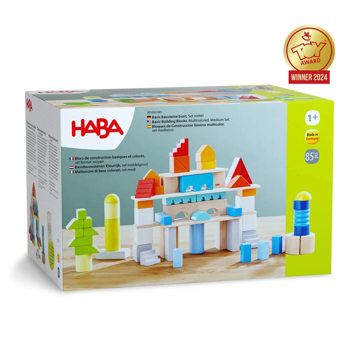 HABA toy building block set packaging with colorful blocks and award badge on a white background