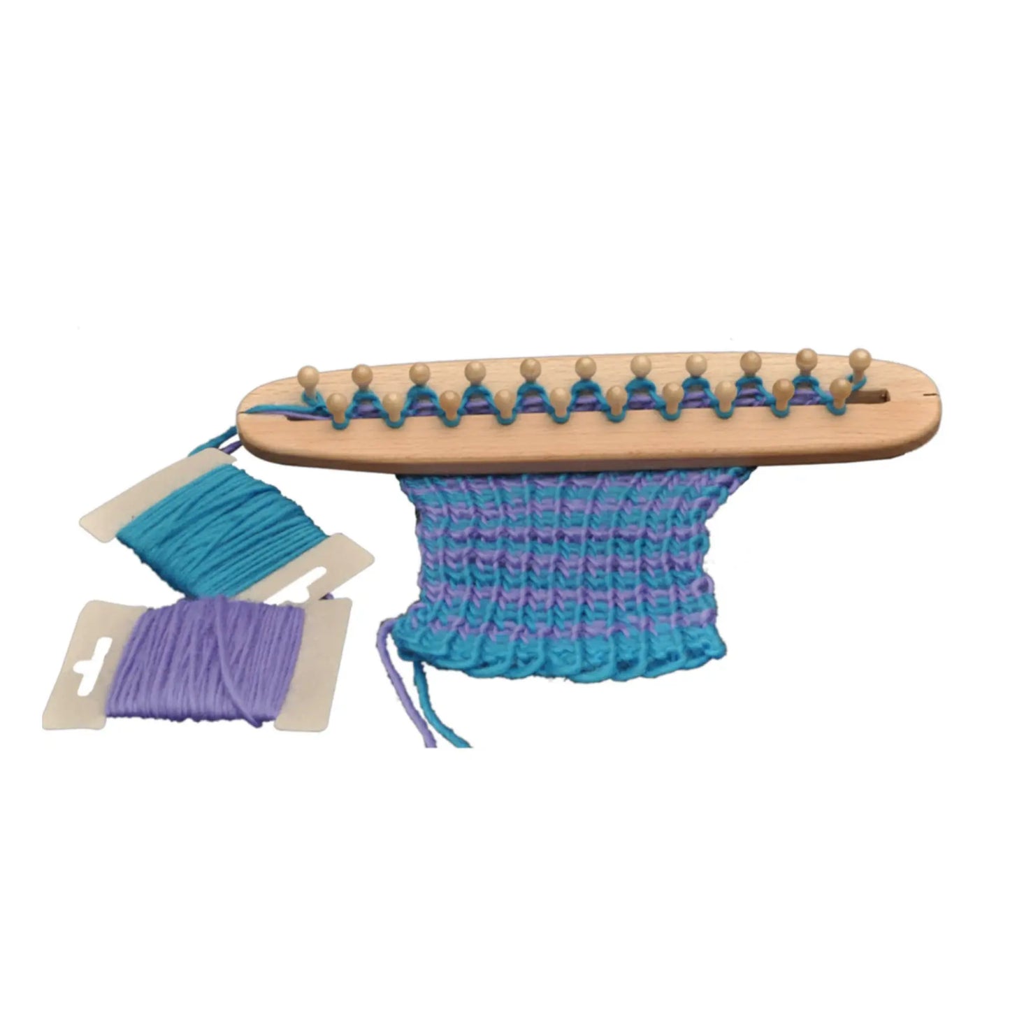 Wooden loom with blue and purple yarn on a white background