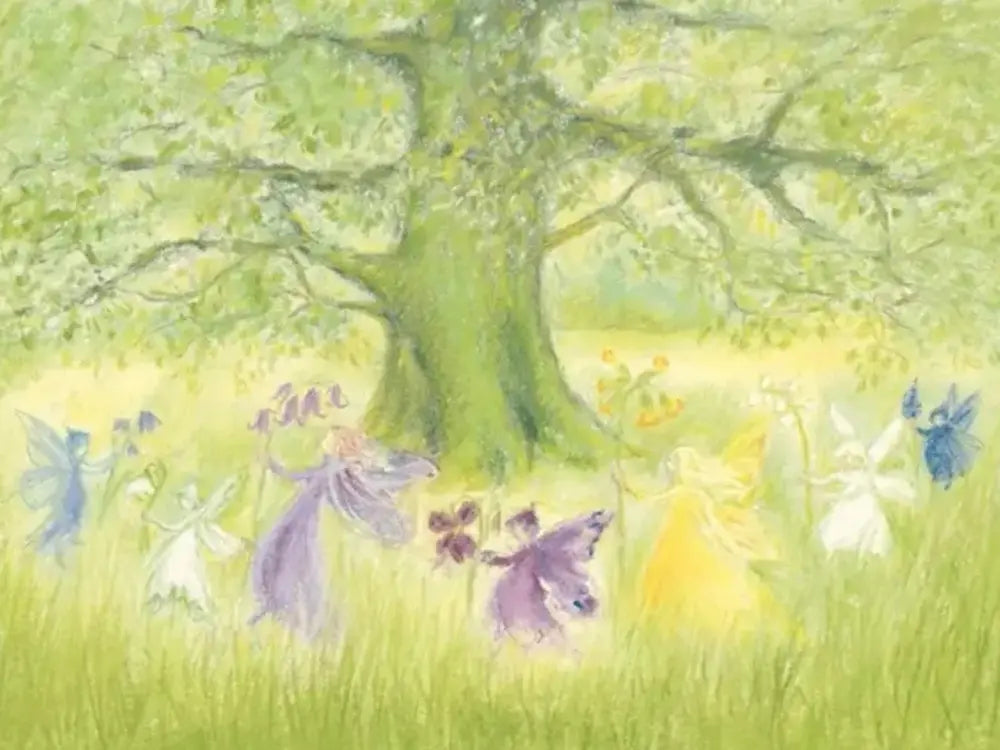 Illustration of fairies around a tree in a sunlit forest