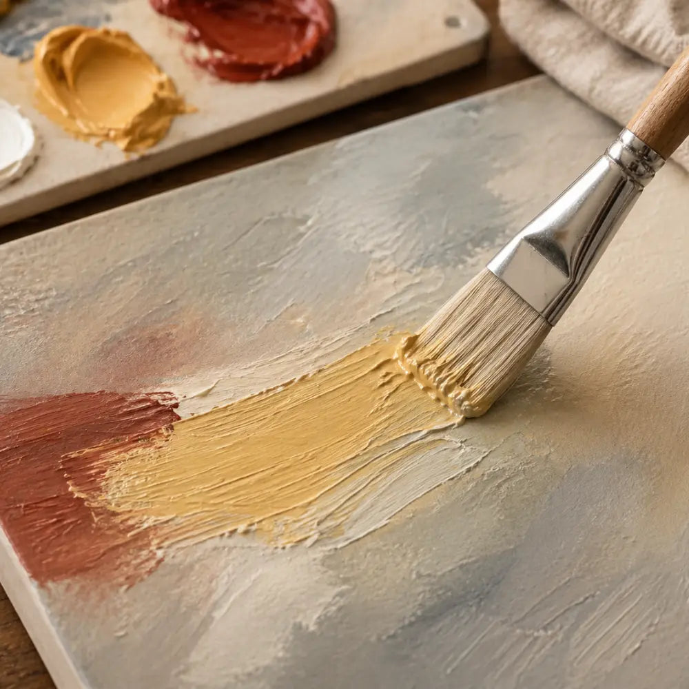 Flat boar bristle paint brush applying thick acrylic or oil paint with visible textured stroke