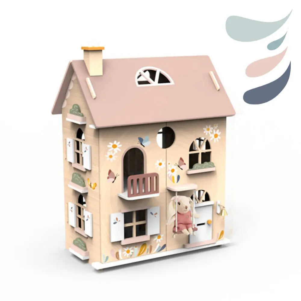 Flower cottage wooden dollhouse structure for imaginative small world play