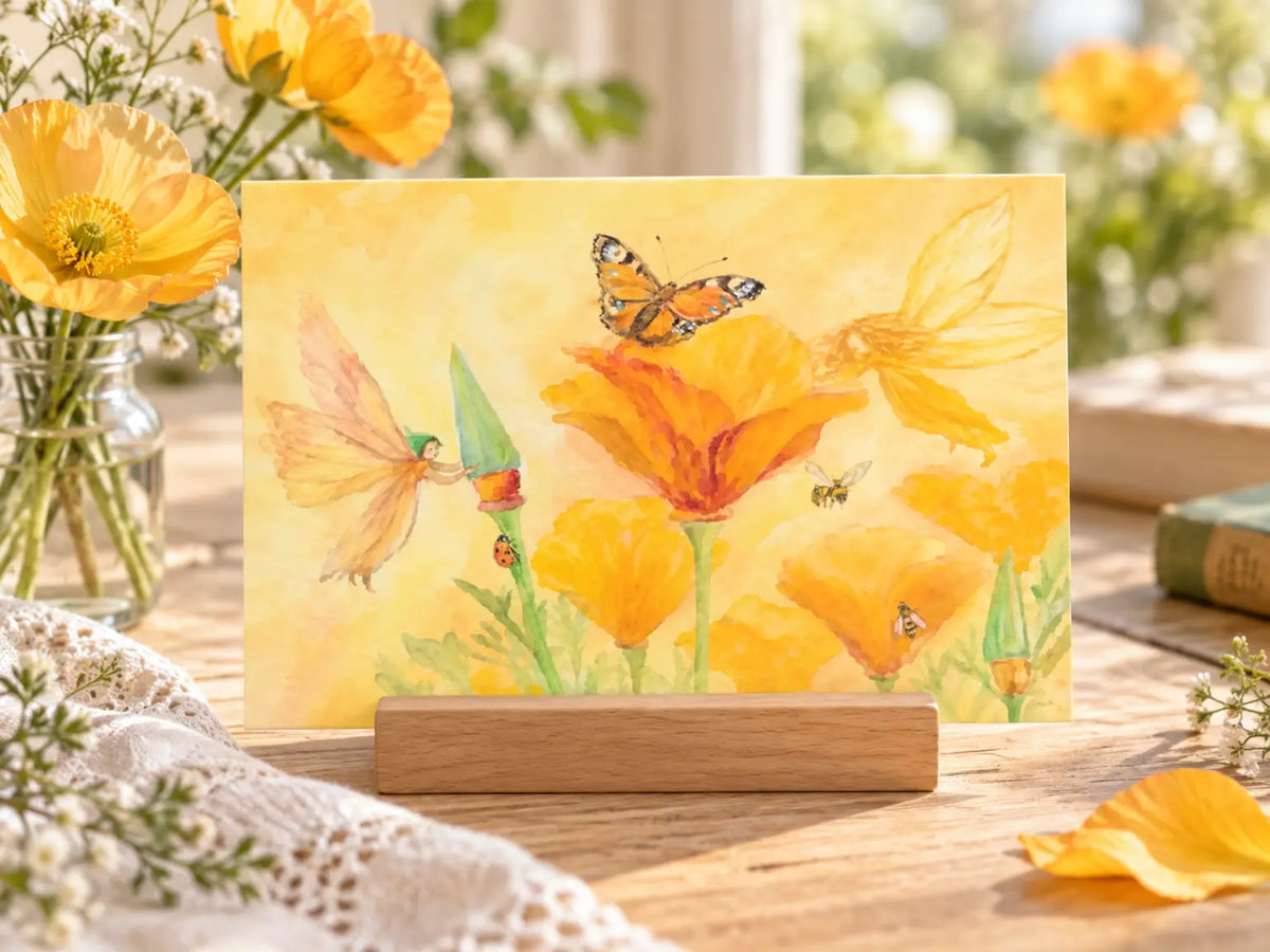 Waldorf fairy postcard by Marjan van Zayl of a fairy with a ladybug, bee, and butterfly on orange poppies in a postcard holder