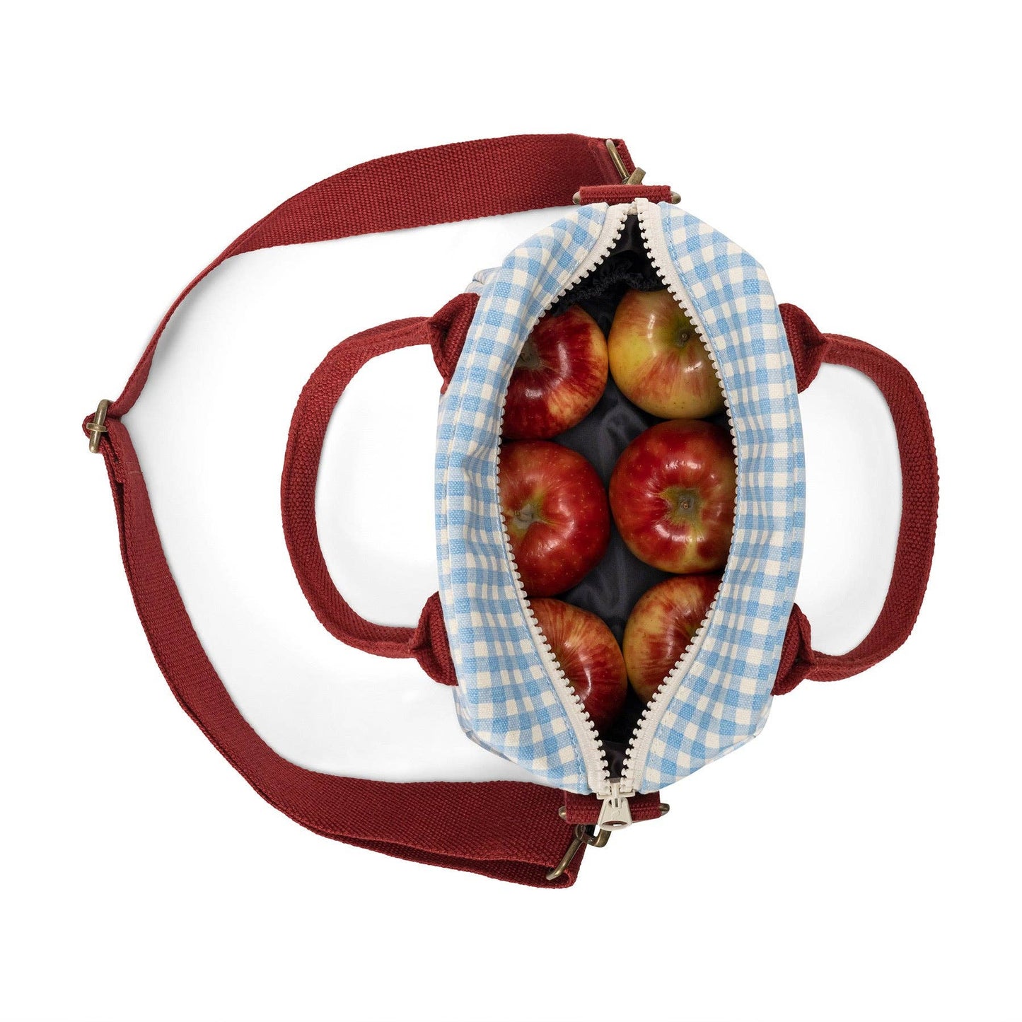 Open Fluf Gingham Sky organic cotton insulated lunch bag filled with apples