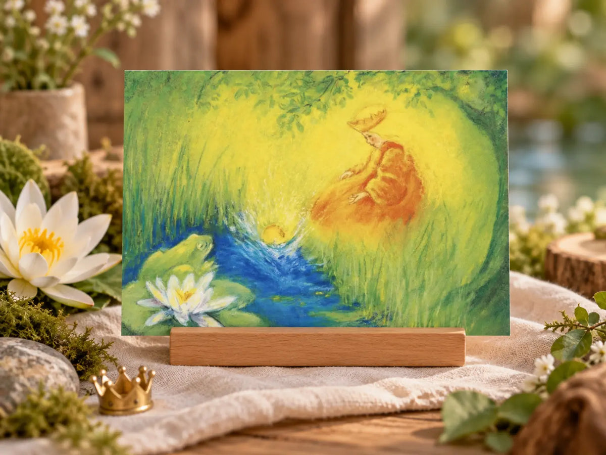 Marjan van Zeyl Frog King fairy tale postcard displayed in a wooden holder with a water lily, moss, linen, and a small golden crown on a Waldorf-inspired story table.