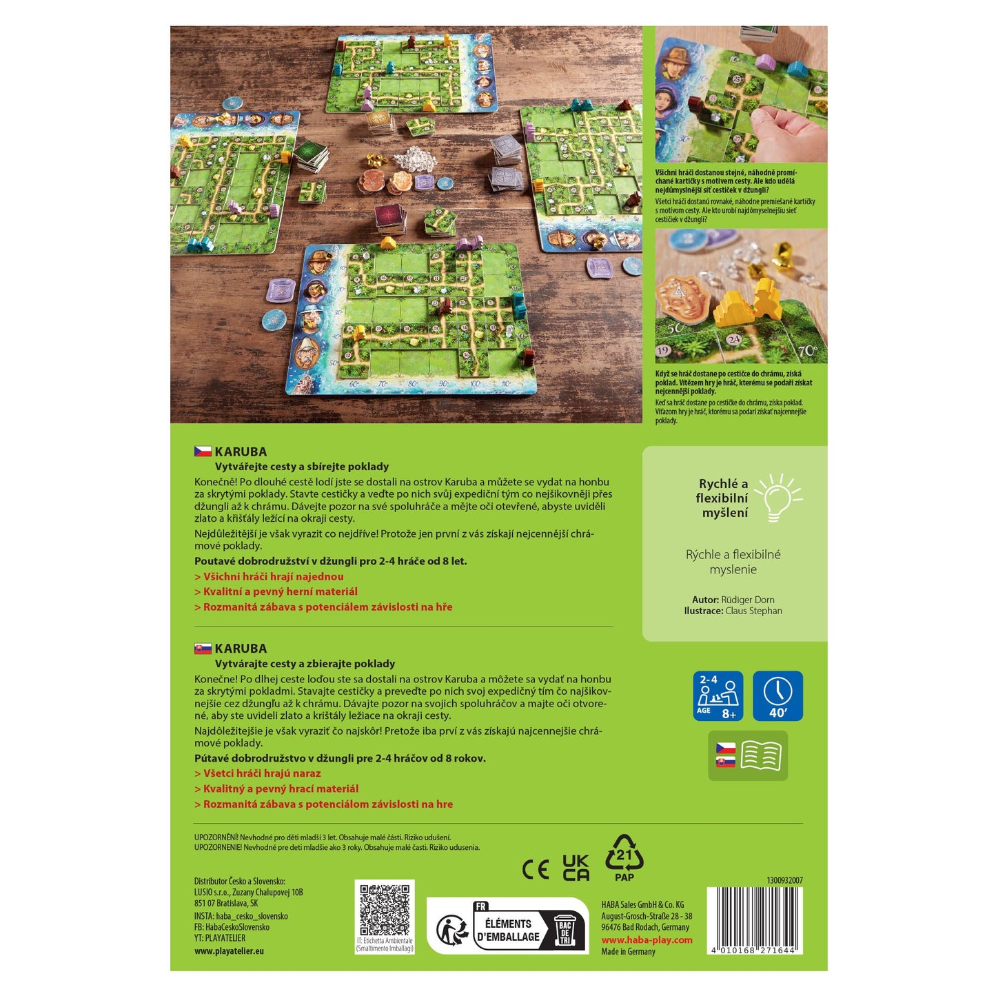 Board game packaging with game pieces and instructions on a wooden surface