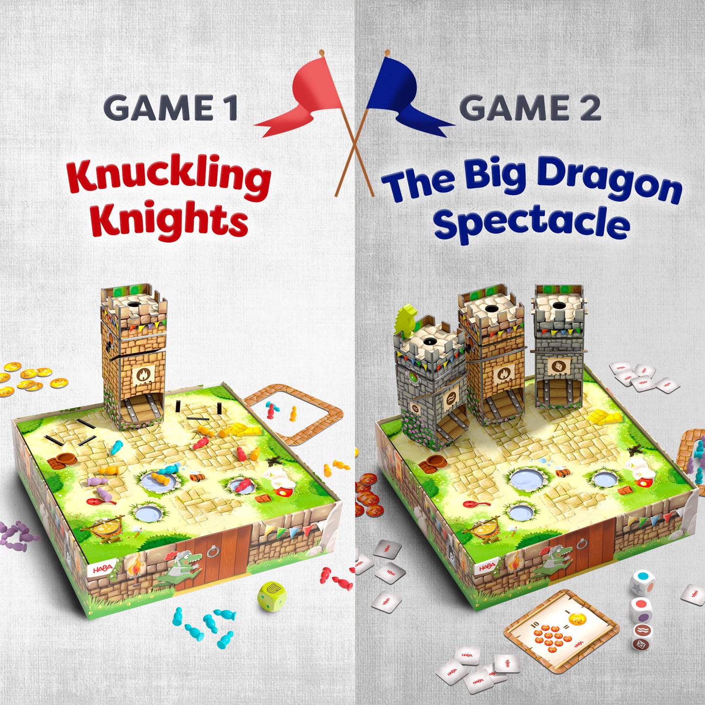 Two board games titled 'Knickling Knights' and 'The Big Dragon Spectacle' on a textured gray background.