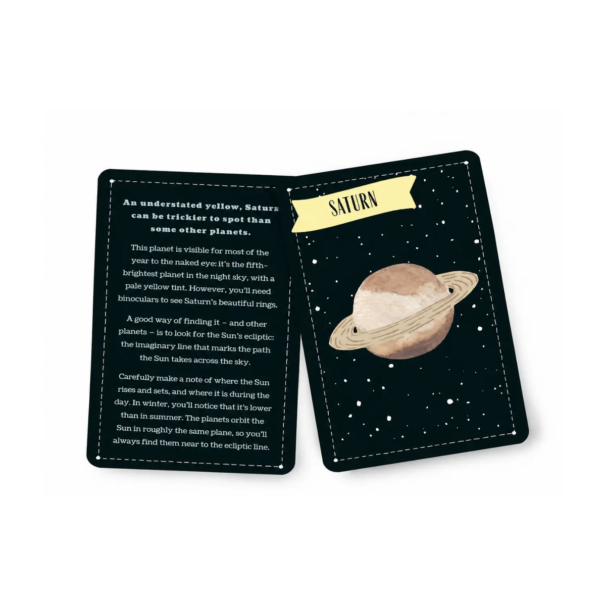 Saturn card from the Glow stargazing deck, with tips for finding Saturn along the ecliptic.