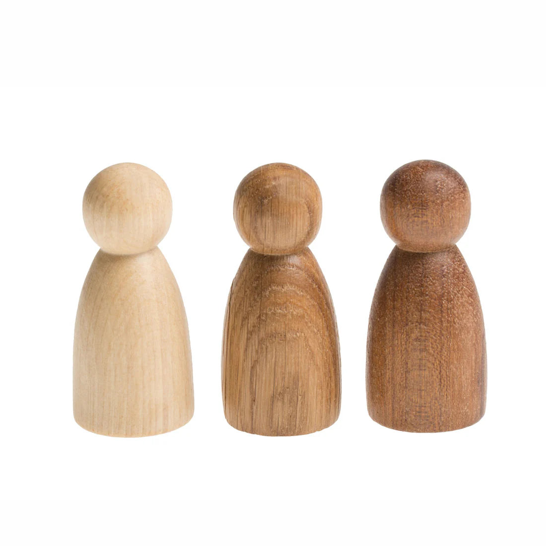 Three Grapat wooden Nins peg dolls in beech, oak, and sapeli wood.