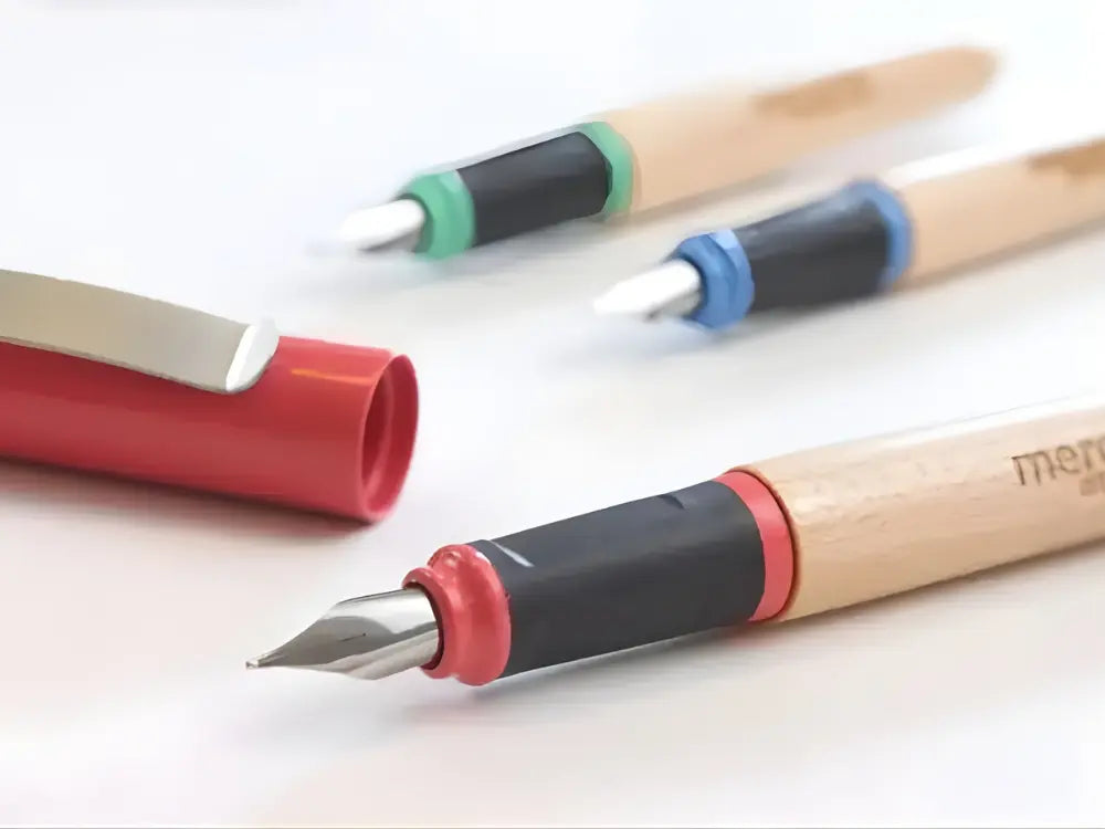 Set of fountain pens with different colored barrels on a light background