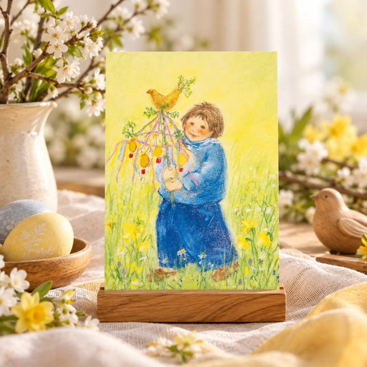 Happy Easter postcard by Marjan van Zeyl displayed on a spring nature table with blossoming branches, decorated Easter eggs, a wooden bird, and soft natural linens.